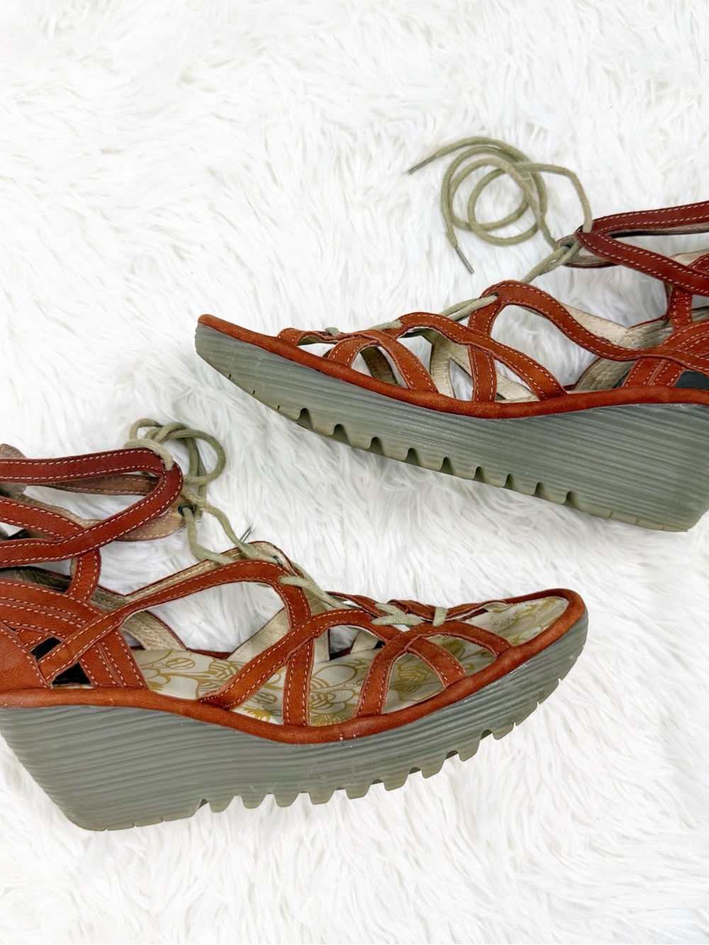 FLY London Yuke Leather Lace Up Wedge Sandals Rust Orange Size 40 US 9.5/10